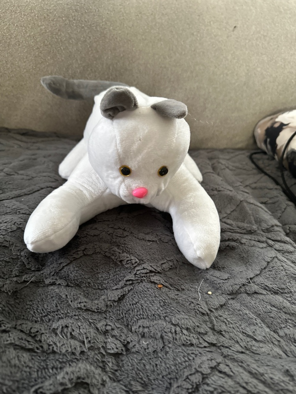 Handmade Plush White and Gray Cat Toy with Pink Nose - Soft Pet Playmate